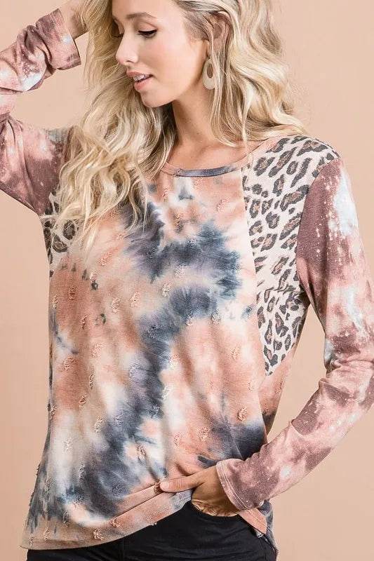 BiBi Tie Dye Distressed Knit Top with Leopard Shoulder - Trendy Women's Vintage Style Sweater for Casual Outings & Streetwear Fashion