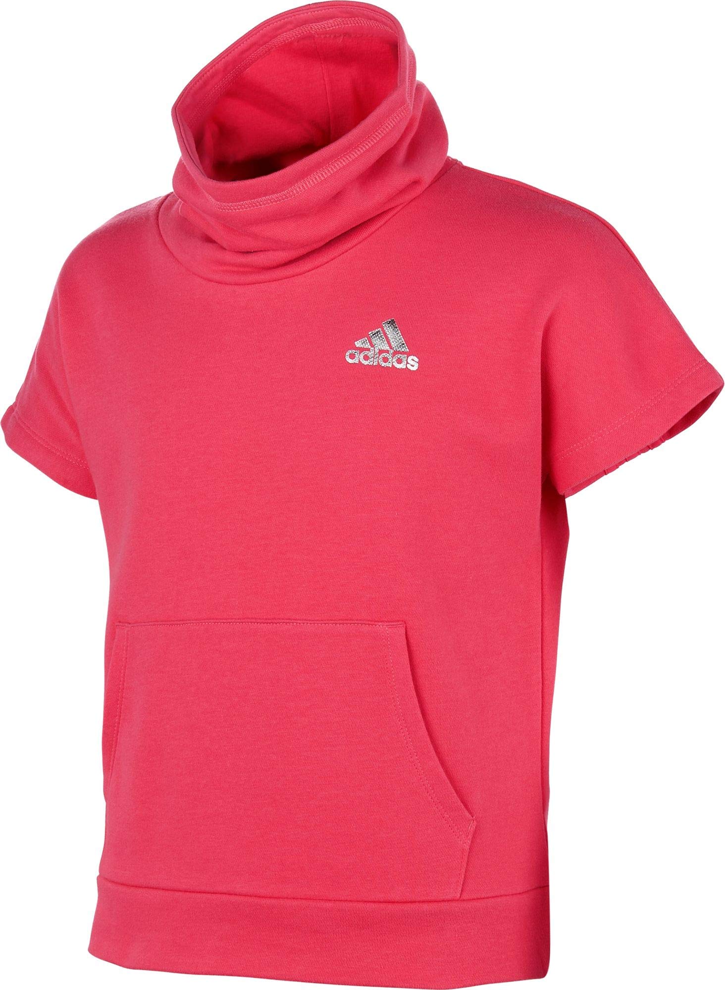 Adidas Girls' French Terry Funnel Neck Short Sleeve Pullover Hoodie - Soft Pink Cotton Sweatshirt for Kids, Size Medium | Perfect for School, Playdates & Casual Outings