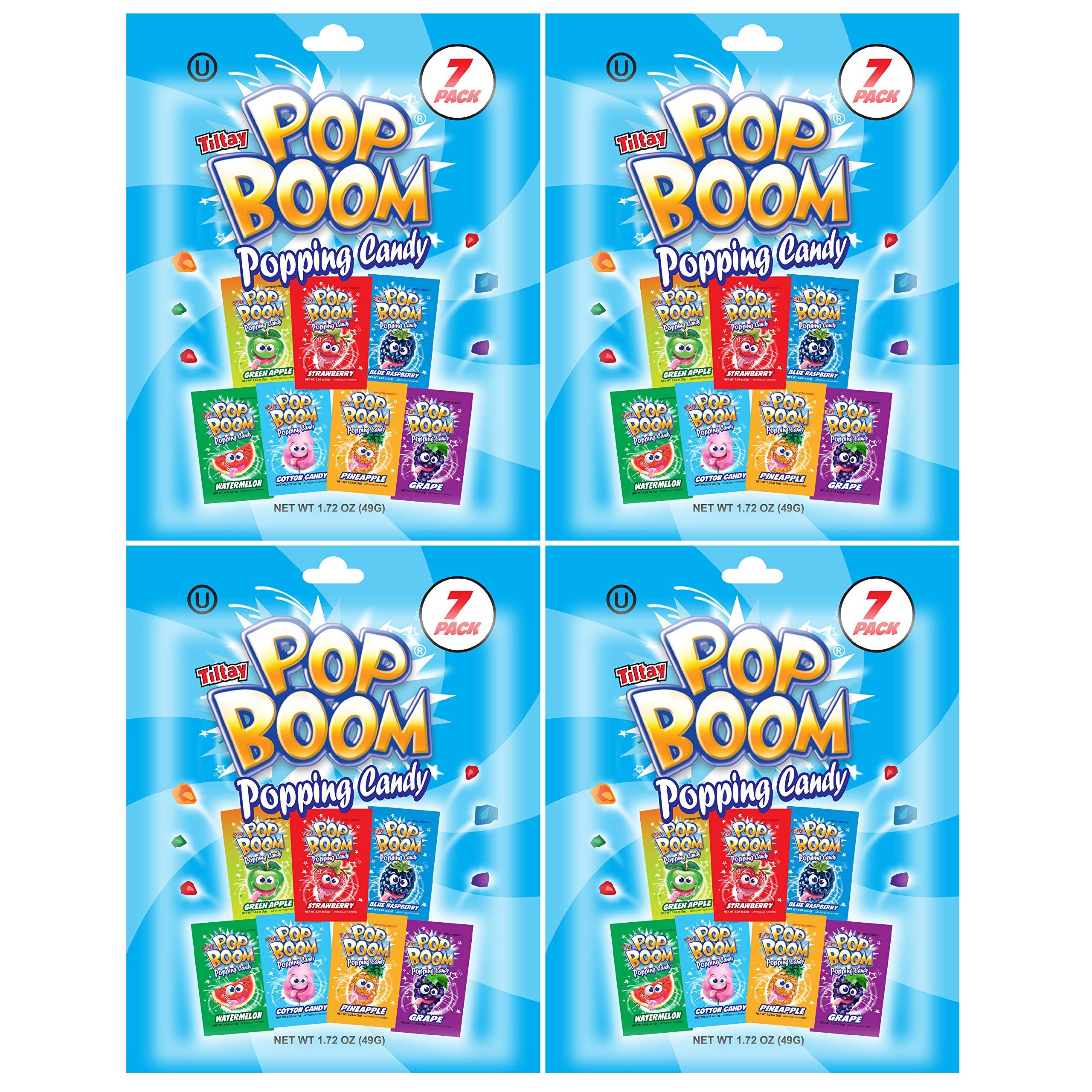 Tiltay Pop Boom Popping Candy - 7 Flavor Variety Pack (Strawberry, Green Apple, Blue Raspberry, Watermelon, Grape, Pineapple, Cotton Candy) - 4 x 7-Pack - Fun Party Favors & Halloween Treats for Kids & Adults