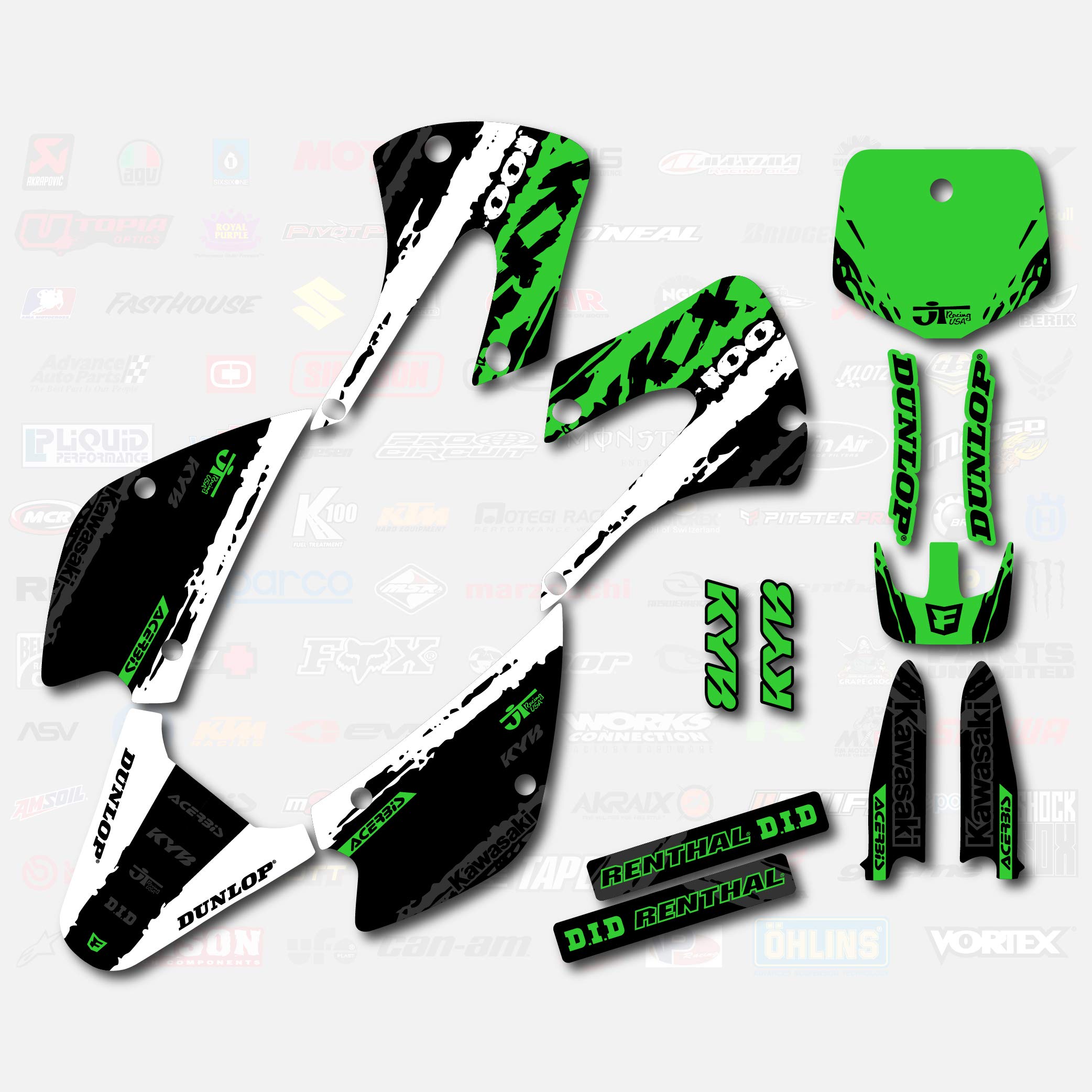 Kawasaki KX100 2005-2013 White & Green Racing Graphic Kit - High-Quality Vinyl Decals for Motocross & Dirt Bike Customization - Perfect for Track Racing & Off-Road Adventures