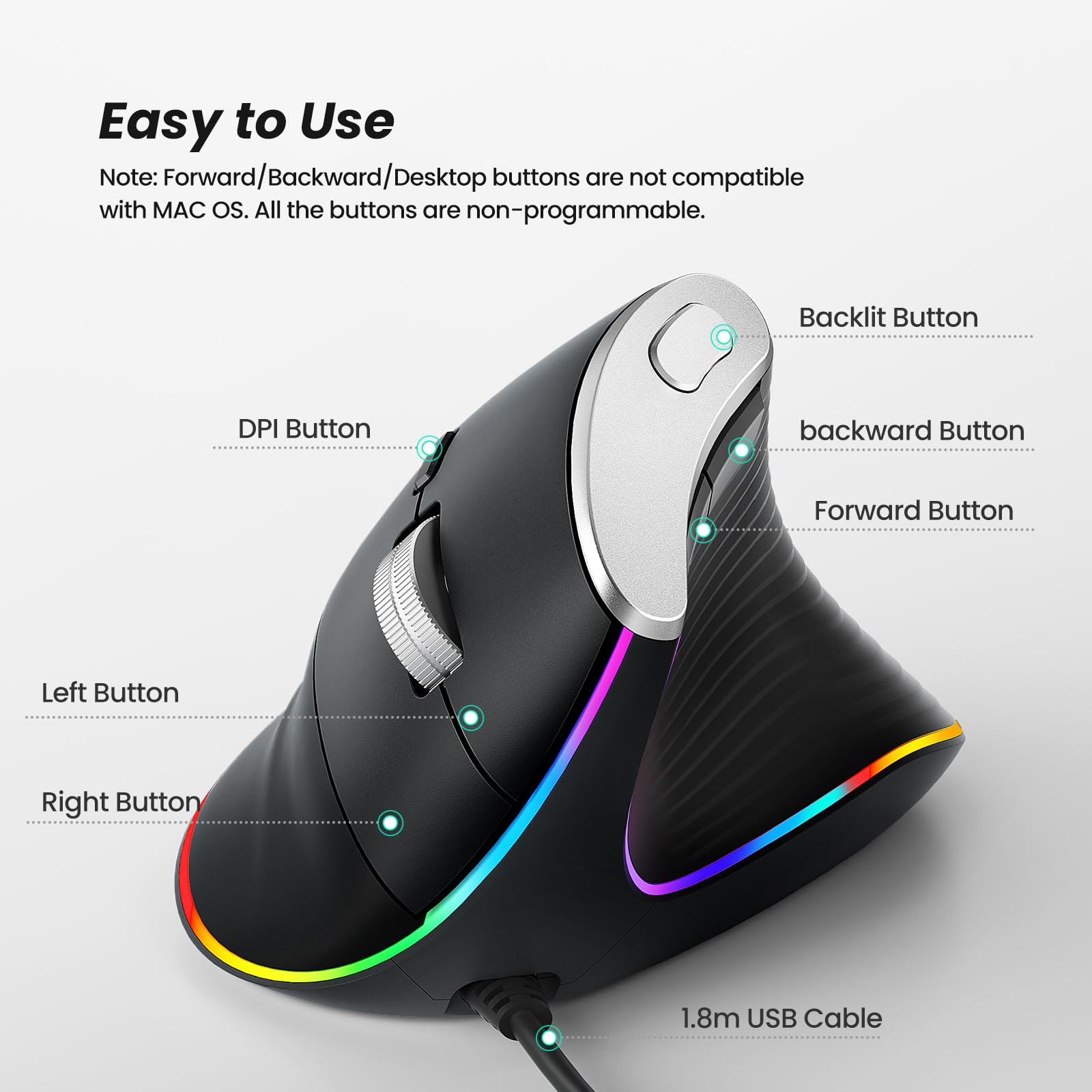 Nulea M504 Vertical Ergonomic Mouse - 4 DPI, RGB Backlight for PC & Mac - Perfect for Office & Gaming