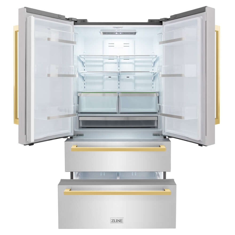 ZLINE Autograph Edition 36 Inch Counter Depth French Door Refrigerator - 22.5 cu ft Capacity, Fingerprint Resistant Stainless Steel with Polished Gold Handles, Built-In Ice Maker - Perfect for Modern Kitchens, Open Concept Homes & Luxury Appliances Collection (RFMZ 36 FG)
