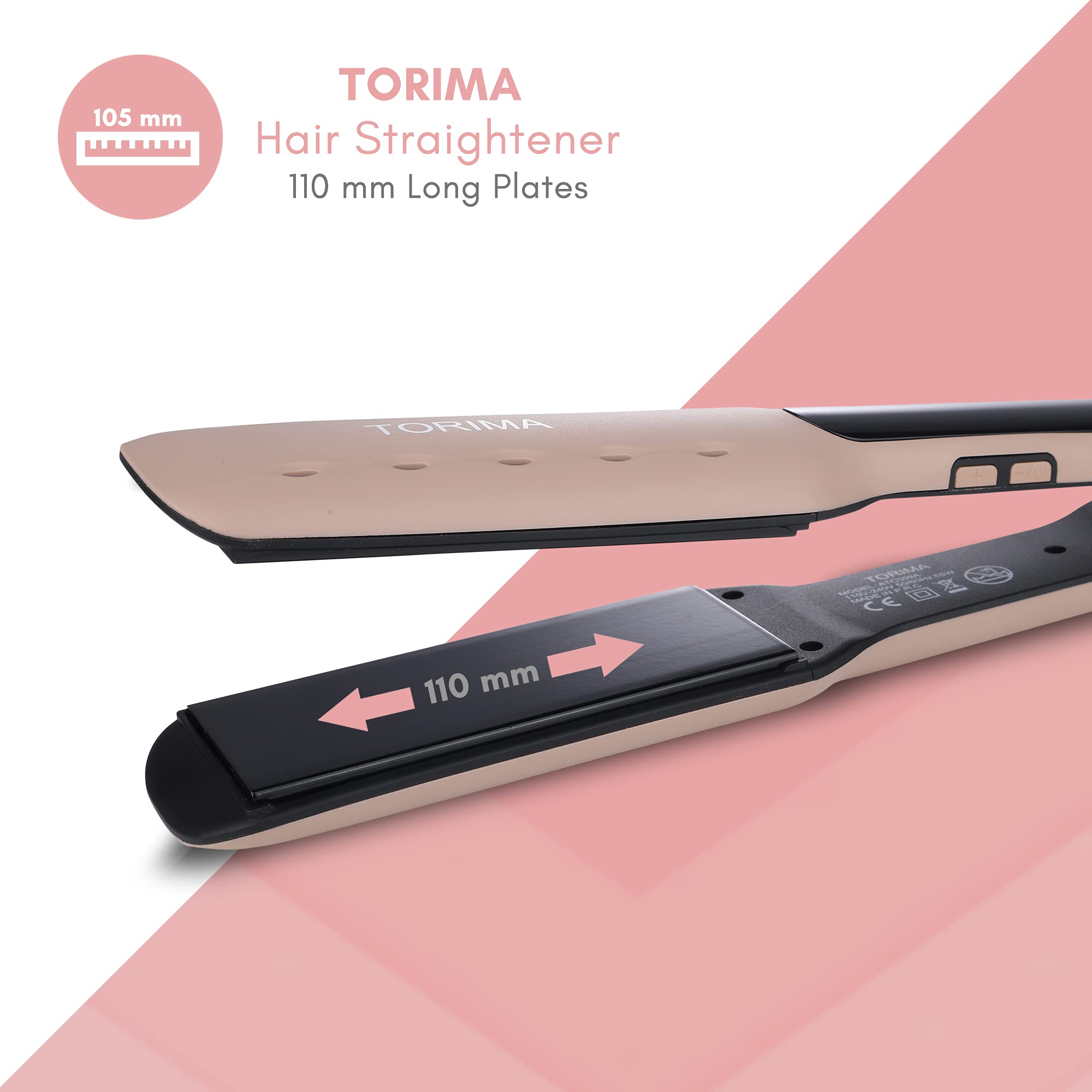 TORIMA ATC559/A Kerashine Professional Hair Straightener - Wide Ceramic Plates, Adjustable Temperature Control, Digital LED Display, Fast Heating for Smooth & Shiny Hair (Rose Gold) - Perfect for Home Use, Salon Styling & Travel