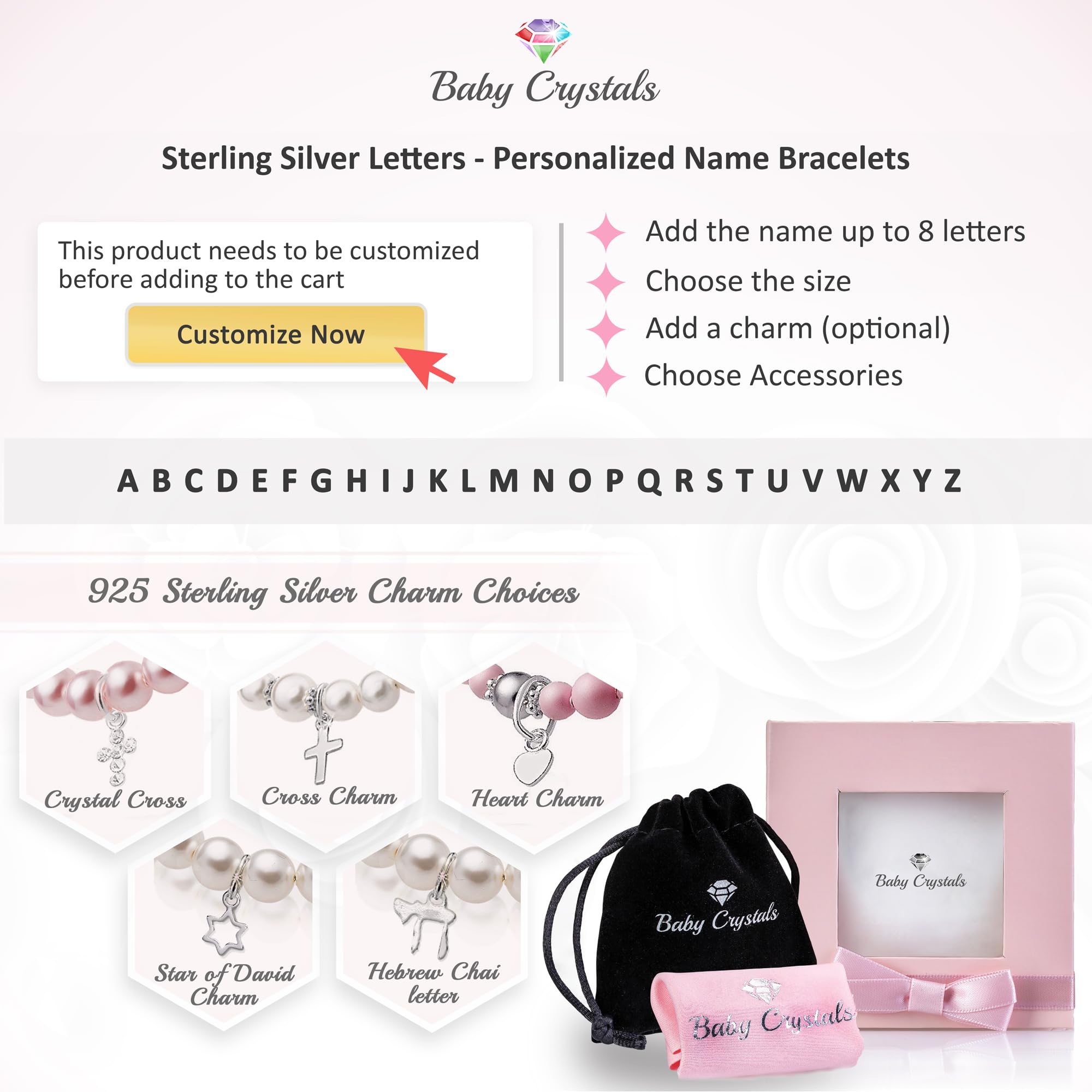 Personalized Sterling Silver Initial Alphabet Beads Name Bracelet for Girls - White & Pink Pearl Birthday Gift, Baptism Present, Jewelry for Special Occasions | Perfect for Birthdays, Christenings, and Everyday Wear