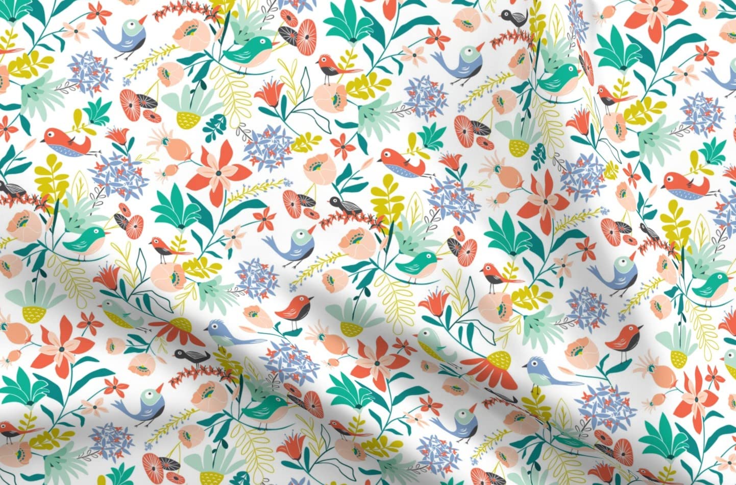 Garden Bird Floral Printed Cotton Fabric by The Yard - Spring Summer Chintz Design for Sewing, Quilting, Apparel & Home Decor | Perfect for DIY Crafts, Dresses, Curtains and Pillow Covers