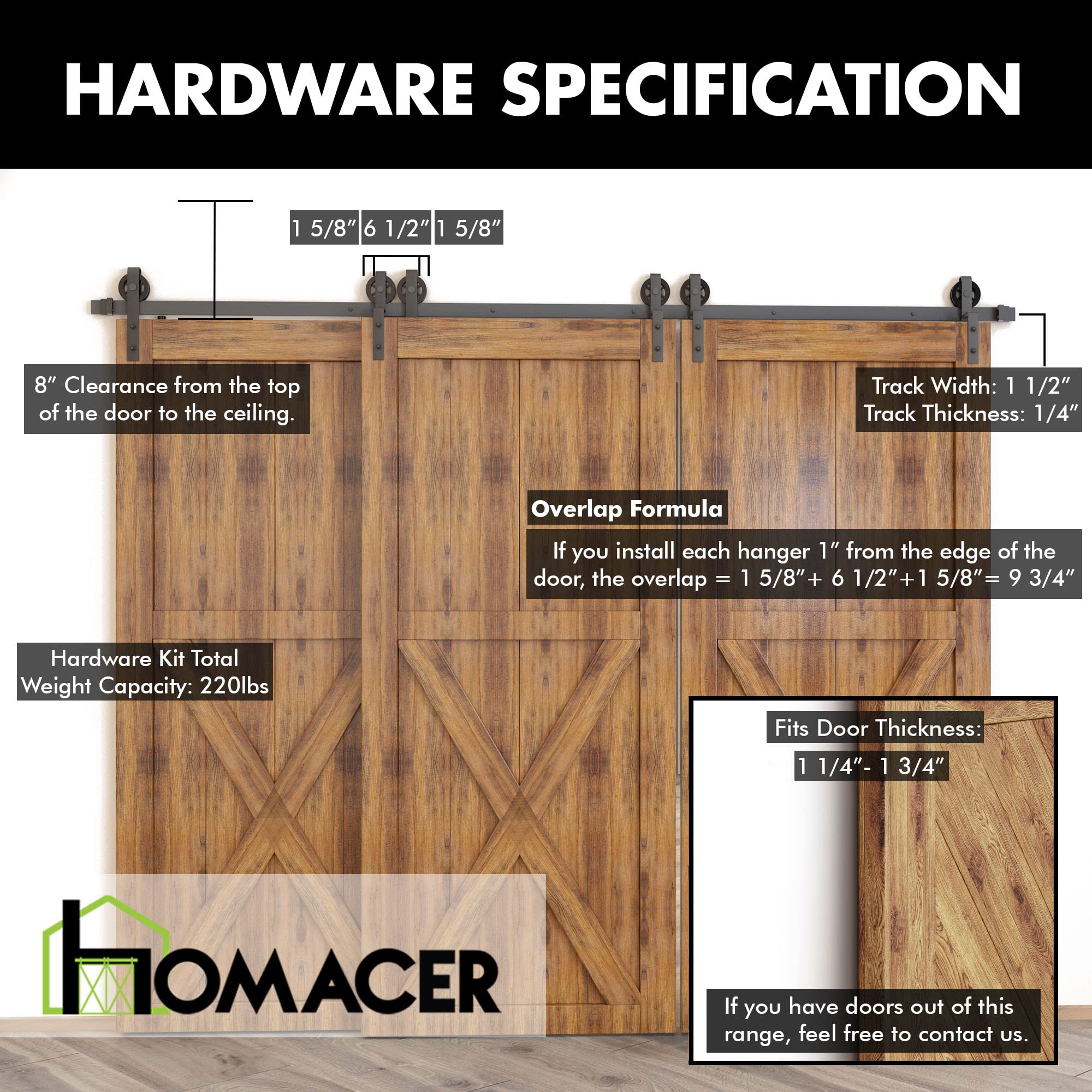 Homacer Black Rustic Single Track Bypass Sliding Barn Door Hardware Kit - 5.5ft Flat Track with Spoke Wheel Design Rollers (1 Flat + 2 Bent Roller Set) for 3 Doors | Perfect for Farmhouse Style Homes, Bedrooms, Closets & Interior Room Dividers