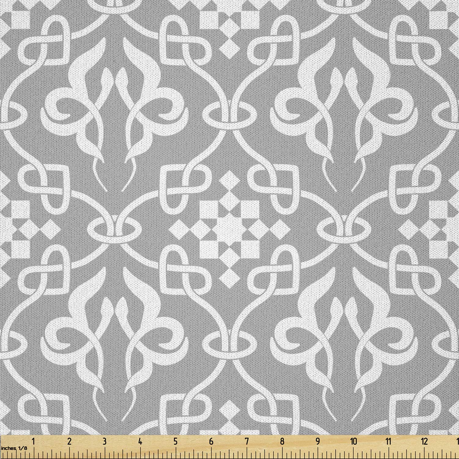 Ambesonne Irish Fabric by The Yard - Royal Antique Floral Curves Folkloric Tile Design | Premium Microfiber Fabric for DIY Arts & Crafts, Upholstery, Quilting & Home Decor | 10 Yards Grey & White | Perfect for Vintage-Inspired Sewing Projects & Bohemian Home Accents