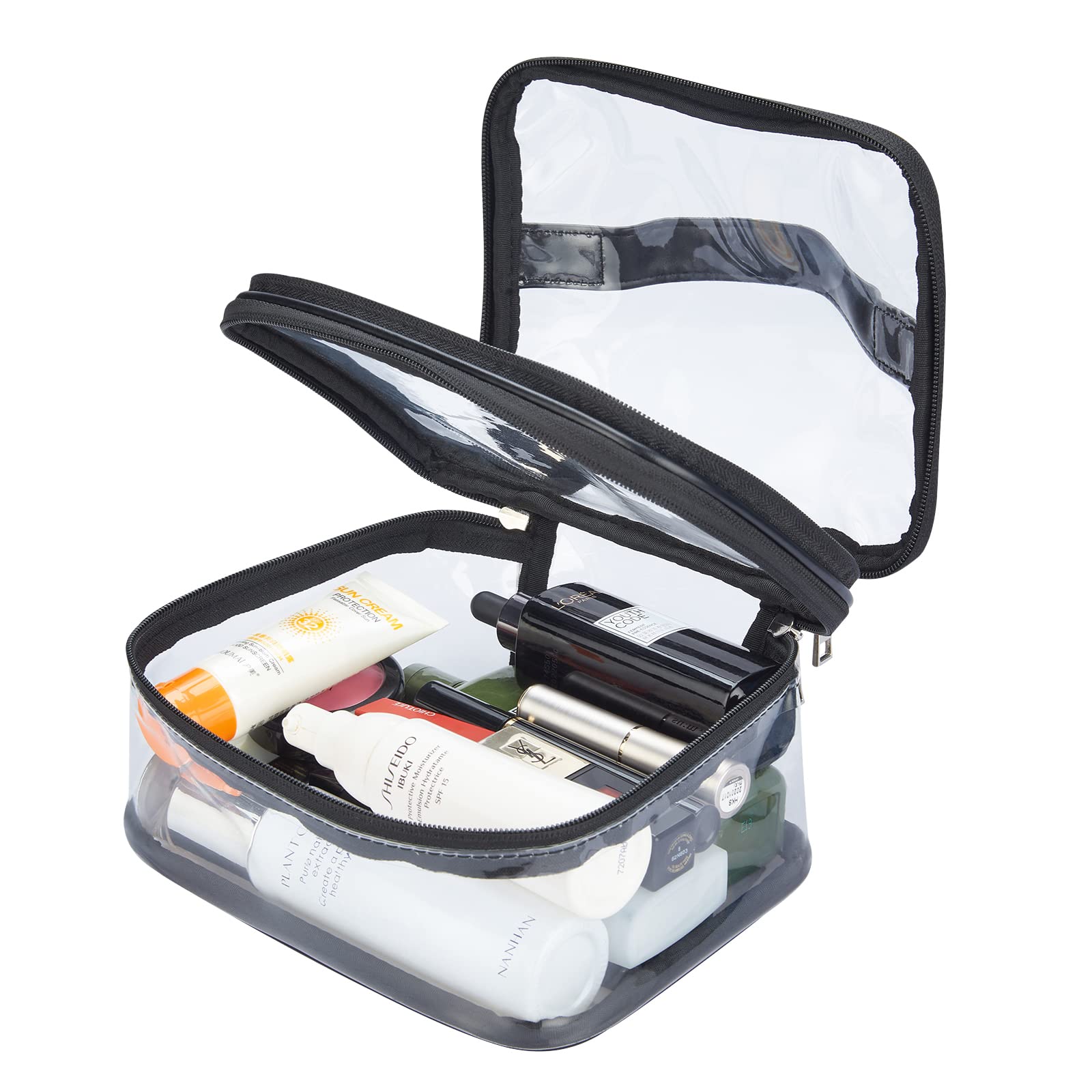 Double Layer Clear Cosmetic Bag - Waterproof Travel Makeup Organizer for Toiletries | Transparent PVC Makeup Pouch for Hair & Nail Accessories | Perfect for Beach, Gym, Travel & Daily Organization (Black)