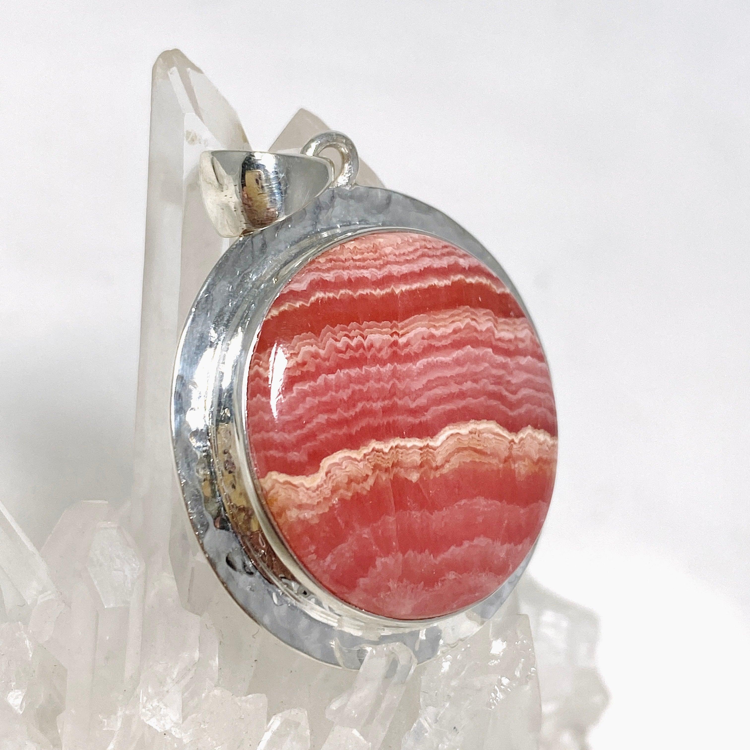 Rhodochrosite Round Pendant Necklace - Hammered Sterling Silver Setting KPGJ4321 | Healing Crystal Jewelry for Meditation & Energy Balancing