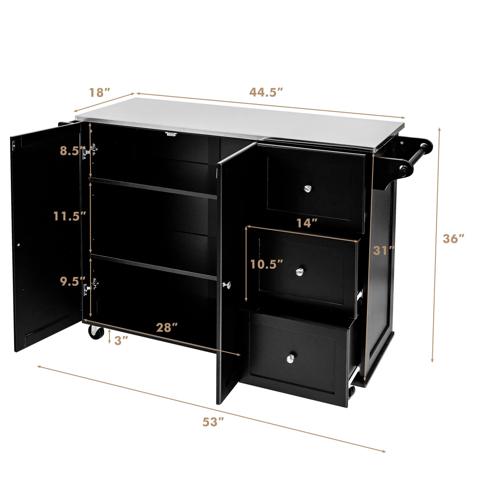 Giantex Kitchen Island with Stainless Steel Countertop - Mobile Kitchen Cart with 3 Drawers, Adjustable Shelves, 2-Door Cabinet & Spice Rack - Perfect for Small Kitchens, Food Prep & Extra Storage Space