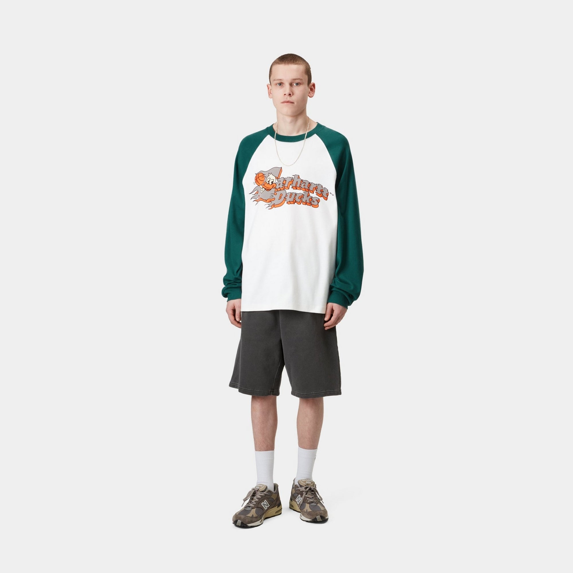 Flaming Ducks Baseball Long Sleeve T-Shirt for Men & Women | Soft Cotton White & Rainforest Green Shirt | Perfect for Baseball Games, Casual Wear & Outdoor Activities