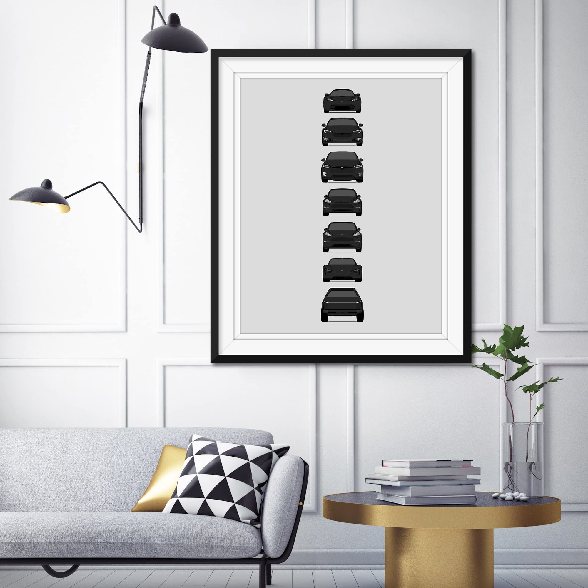 Tesla Generations Evolution: Handmade Roadster, Model S, Model X, Model 3, Model Y & Cybertruck Black Wall Art Print - 24x36