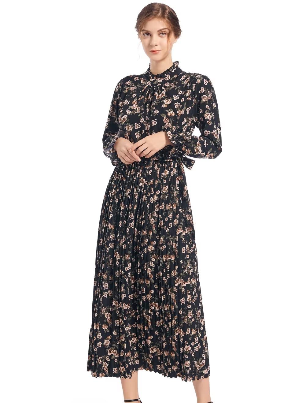 Floral Print Women's A-Line Dress with Long Sleeves & Round Neck - Perfect for Spring Outfits, Office Wear & Casual Occasions