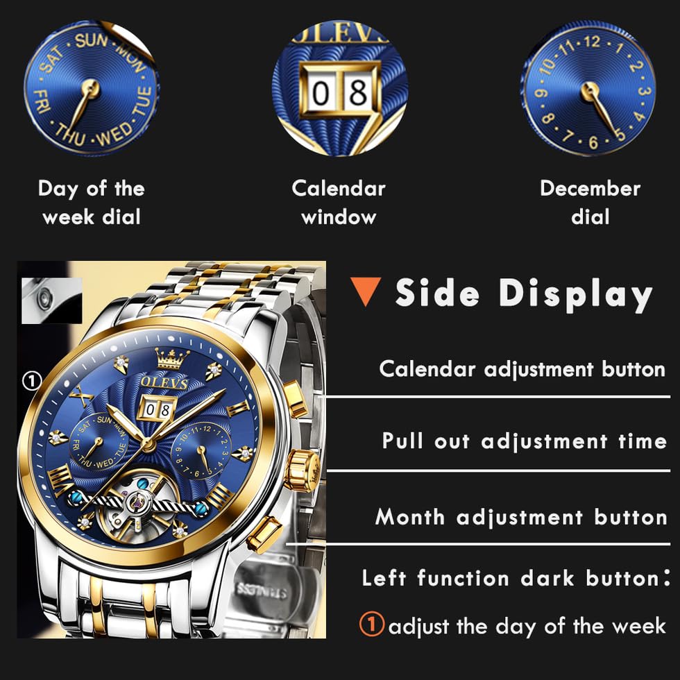 OLEVS Luxury Skeleton Automatic Mechanical Watch for Men - Self Winding, Diamond Accents, Luminous Hands, Waterproof - Perfect for Business, Formal Events & Everyday Wear