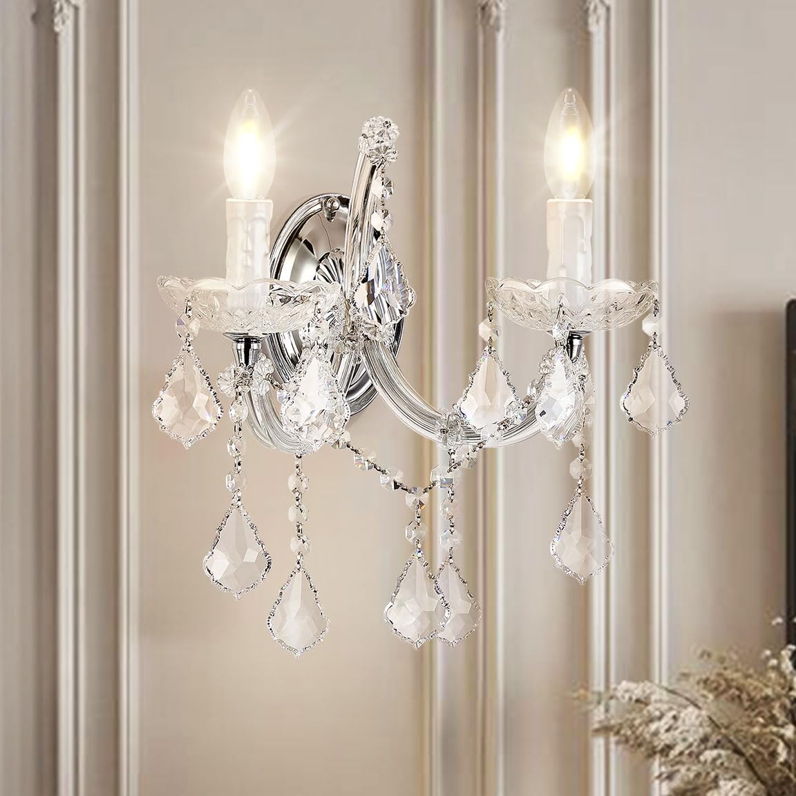 Modern Crystal Wall Sconces - 2-Light Maria Theresa Style Wall Lamp Fixtures for Bedroom, Living Room & Corridor | Elegant Lighting for Home Decor, Hotels & Restaurants