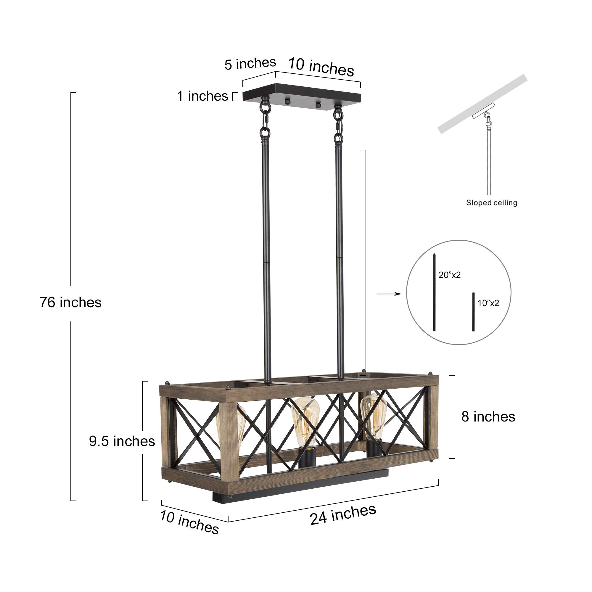 LALUZ Modern Farmhouse Chandelier - 3-Light Dining Room Pendant Lighting, 24 Inch Rectangular Rustic Wood & Black Metal Chandelier for Kitchen Island, Breakfast Nook & Farmhouse Decor