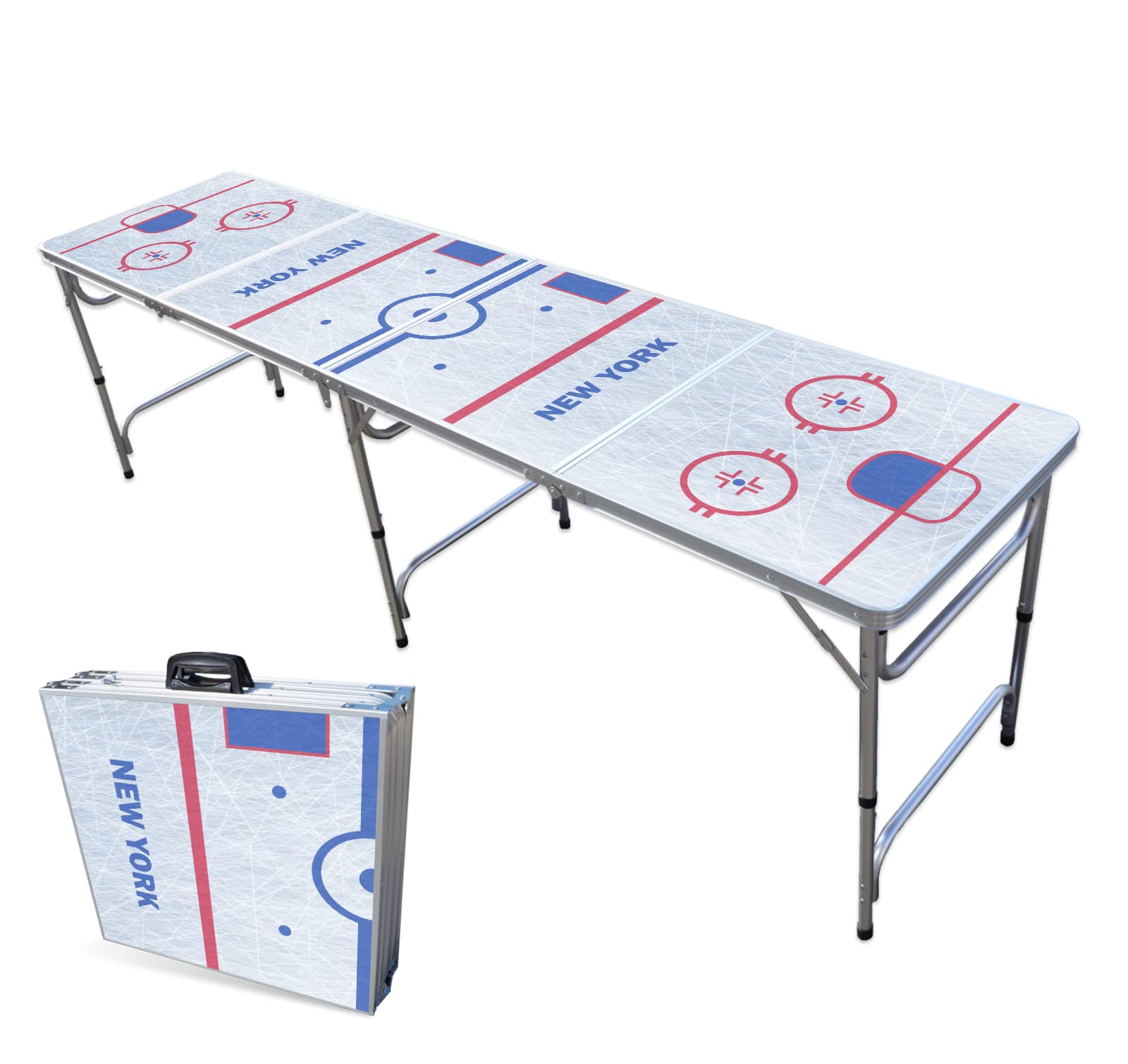 8-Foot Folding Portable Beer Pong Table with LED Lights & Optional Cup Holders - New York Hockey Rink Design for Indoor/Outdoor Parties, Tailgates & Game Nights (Multiple Models Available)