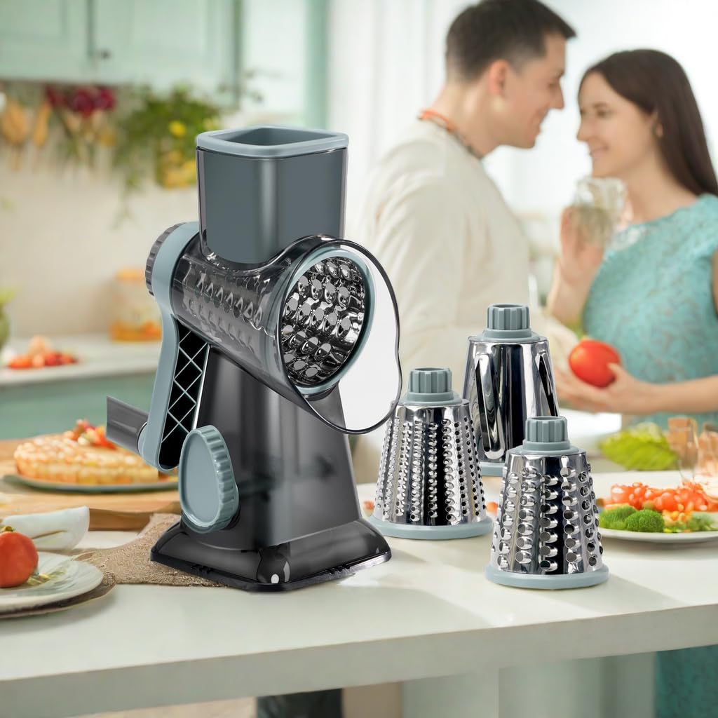 Rotary Cheese Grater with Handle - 3 Interchangeable Blades for Shredding Cheese, Vegetables, Nuts & Chocolate - Perfect for Kitchen, Salad Prep & Baking Needs