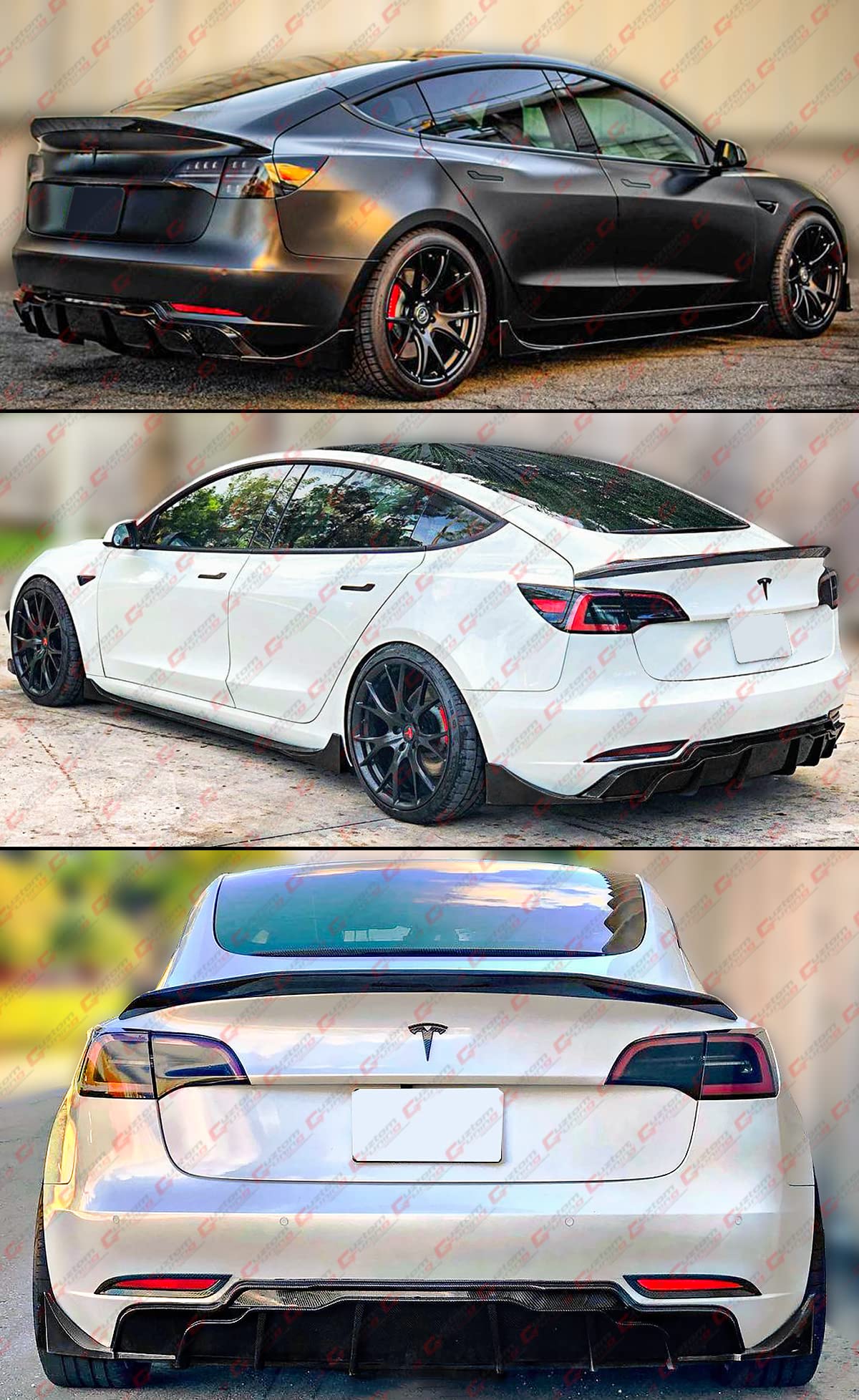 Gloss Black Shark Fin Rear Bumper Diffuser with Corner Extensions for 2017-2022 Tesla Model 3 - Performance Painted Car Body Kit - Enhance Aerodynamics & Sporty Style for Street Racing & Car Shows