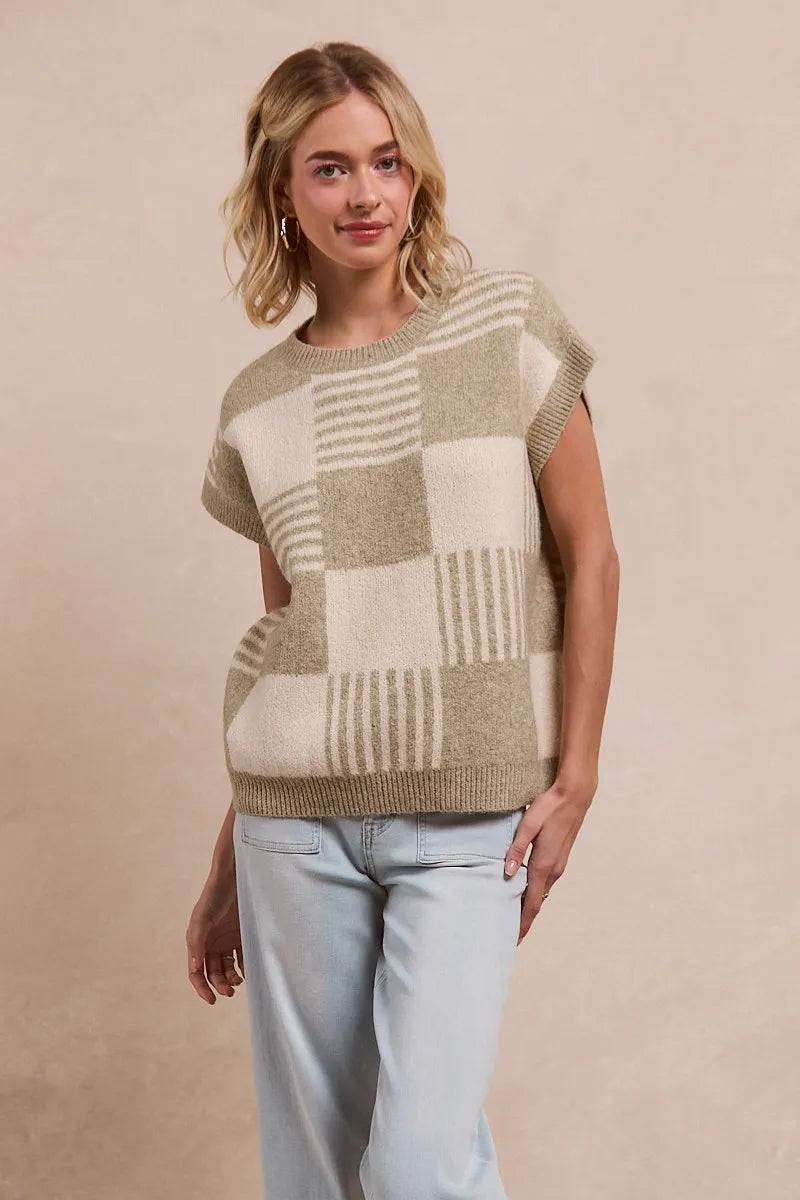 Striped Sleeveless Sweater for Women - BiBi Checker Knit Top | Casual Summer Wear, Beach Cover-Up, Layering Piece