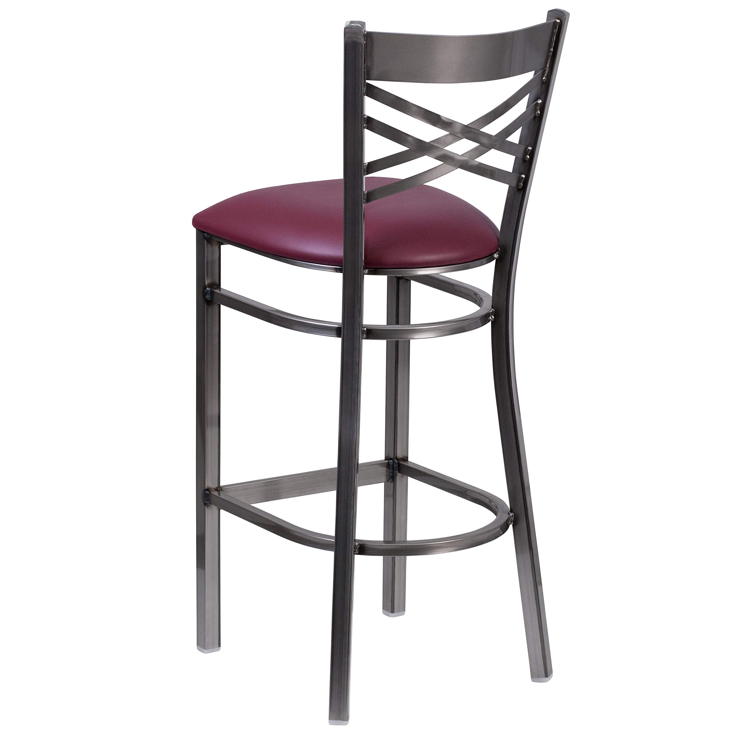 2 Pack Clear Coated X-Back Metal Bar Stools with Burgundy Vinyl Seat - Heavy Duty Counter Height Stools for Kitchen Island, Restaurant, Bar & Home Decor