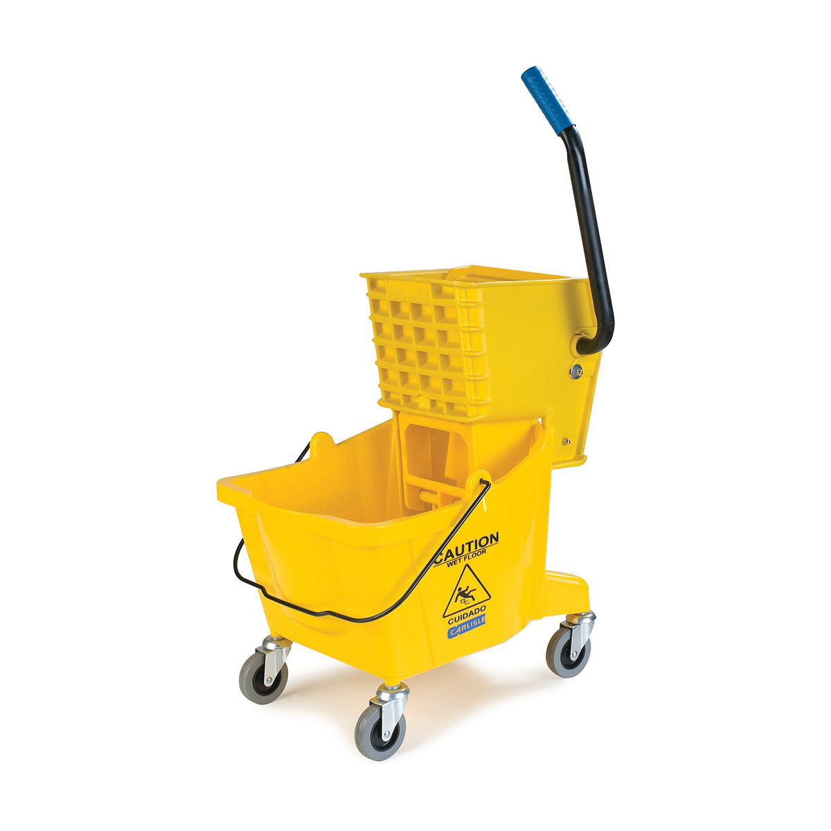 Carlisle 3690804 Flo Pac Mop Bucket with Side Press Wringer - 26 Quart Yellow Commercial Cleaning Bucket for Floor Mopping in Schools, Hospitals, and Restaurants