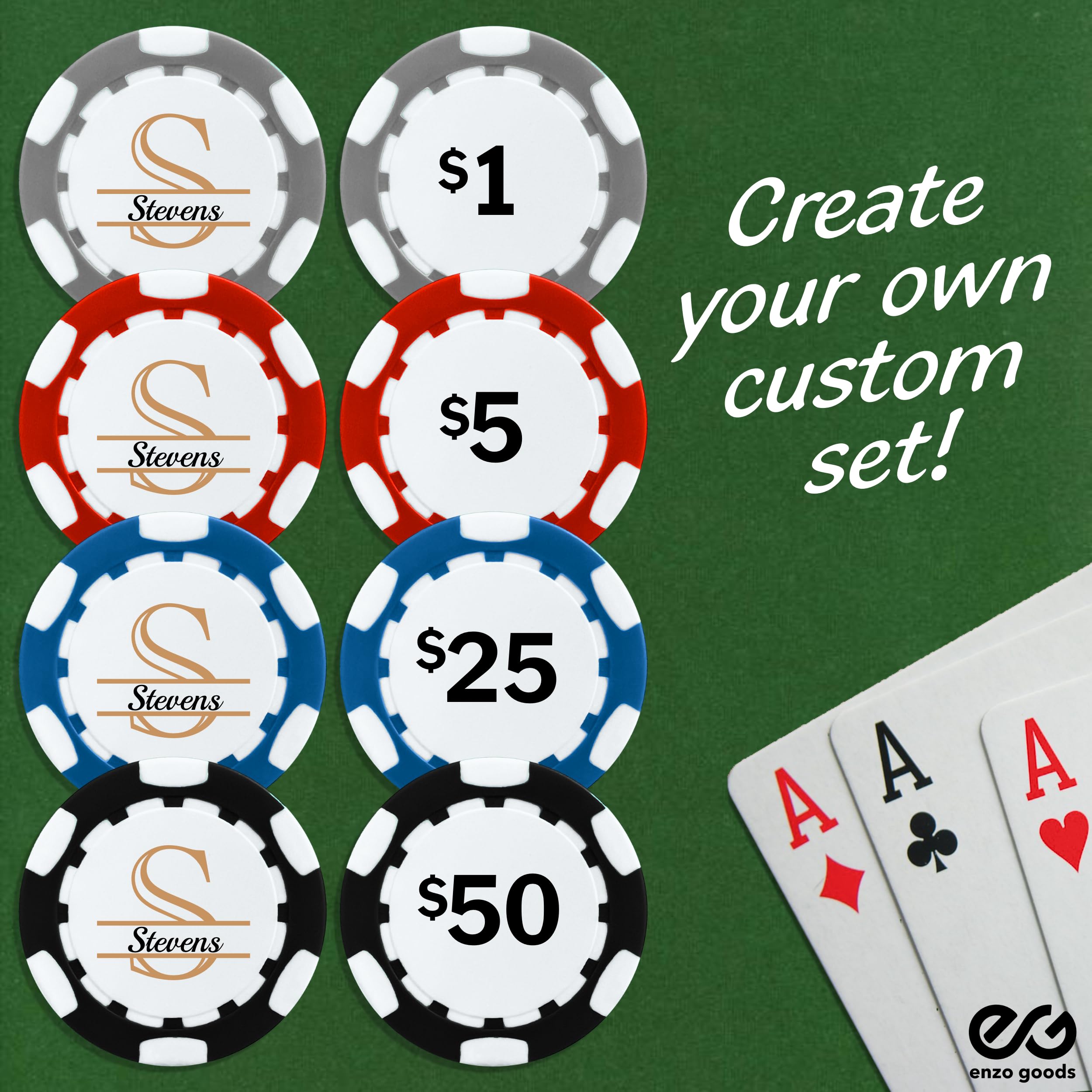 Custom Poker Chips Set of 50, 100, 200 or 500 - Personalized Casino Chips with Your Logo | Premium Clay Poker Chips for Home Games, Poker Nights & Casino-Themed Parties