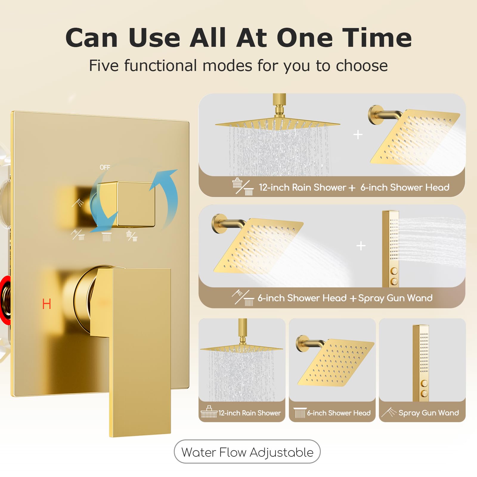 Brushed Gold Dual Shower System - 5-Function Knob Diverter with Rainfall Showerhead & 2-in-1 Handheld Spray - 10