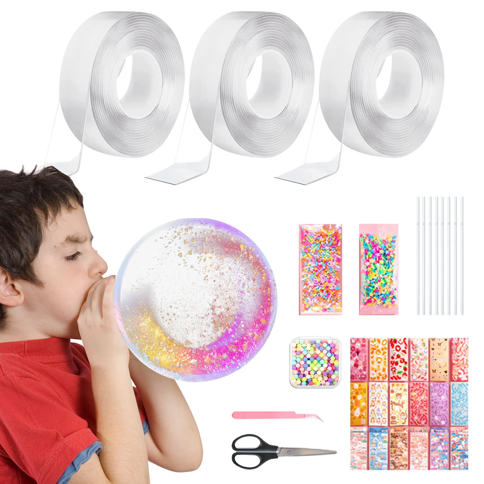 Nano Tape Bubble Kit for Kids - 32 Pcs Magic Plastic Bubbles with 9.8ft Double Sided Tape, Super Elastic Balloons & Accessories - Fun STEM Learning Toy for Birthday Parties & Outdoor Play