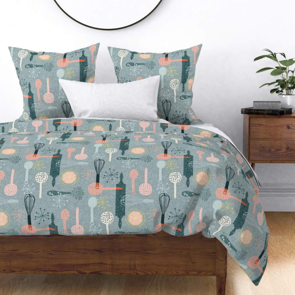 Premium Spoonflower Cotton Sateen Duvet Cover - King/California King Size - Vintage 1950s Baking Theme Retro Kitchen Print - Mid Century Modern Atomic Design - Custom Bedding for Stylish Home Decor - Perfect for Bedroom, Guest Room & Mid Century Themed Spaces