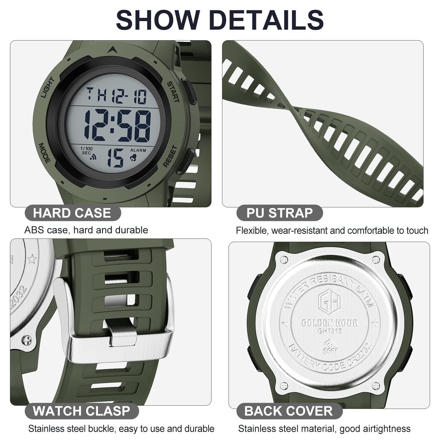 **GOLDEN HOUR Men's Waterproof Digital Sports Watch - Military Style, Wide Screen, Easy-to-Read Display, Durable Rubber Strap - Perfect for Running, Hiking, Swimming & Outdoor Adventures**