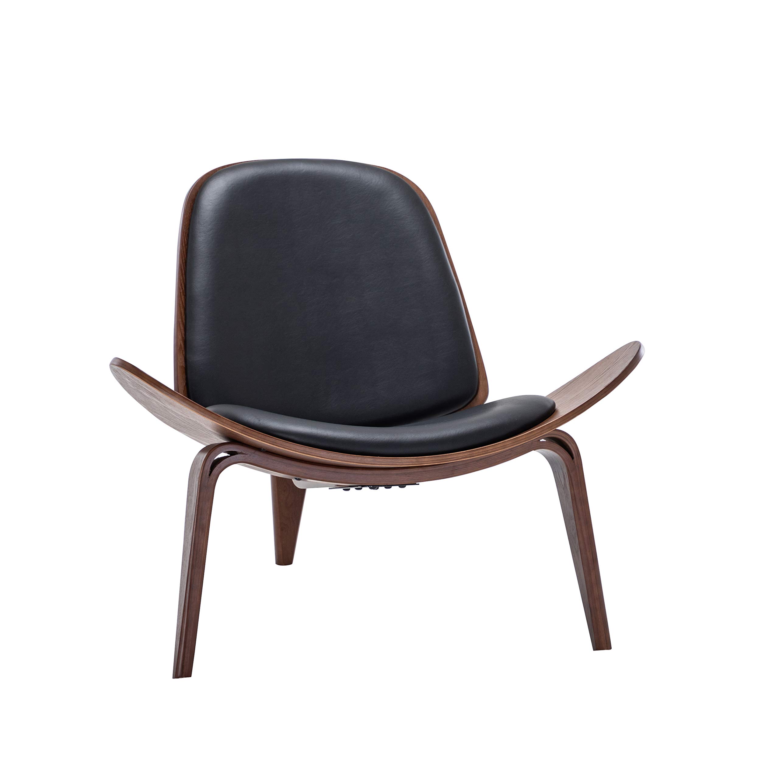 BELLEZE Mid Century Modern Shell Chair - Armless Accent Chair with Faux Leather Upholstery, Padded Seat & Solid Wood Tripod Base for Living Room, Bedroom, Office - Avalon Black Lounge Chair for Relaxing & Stylish Decor