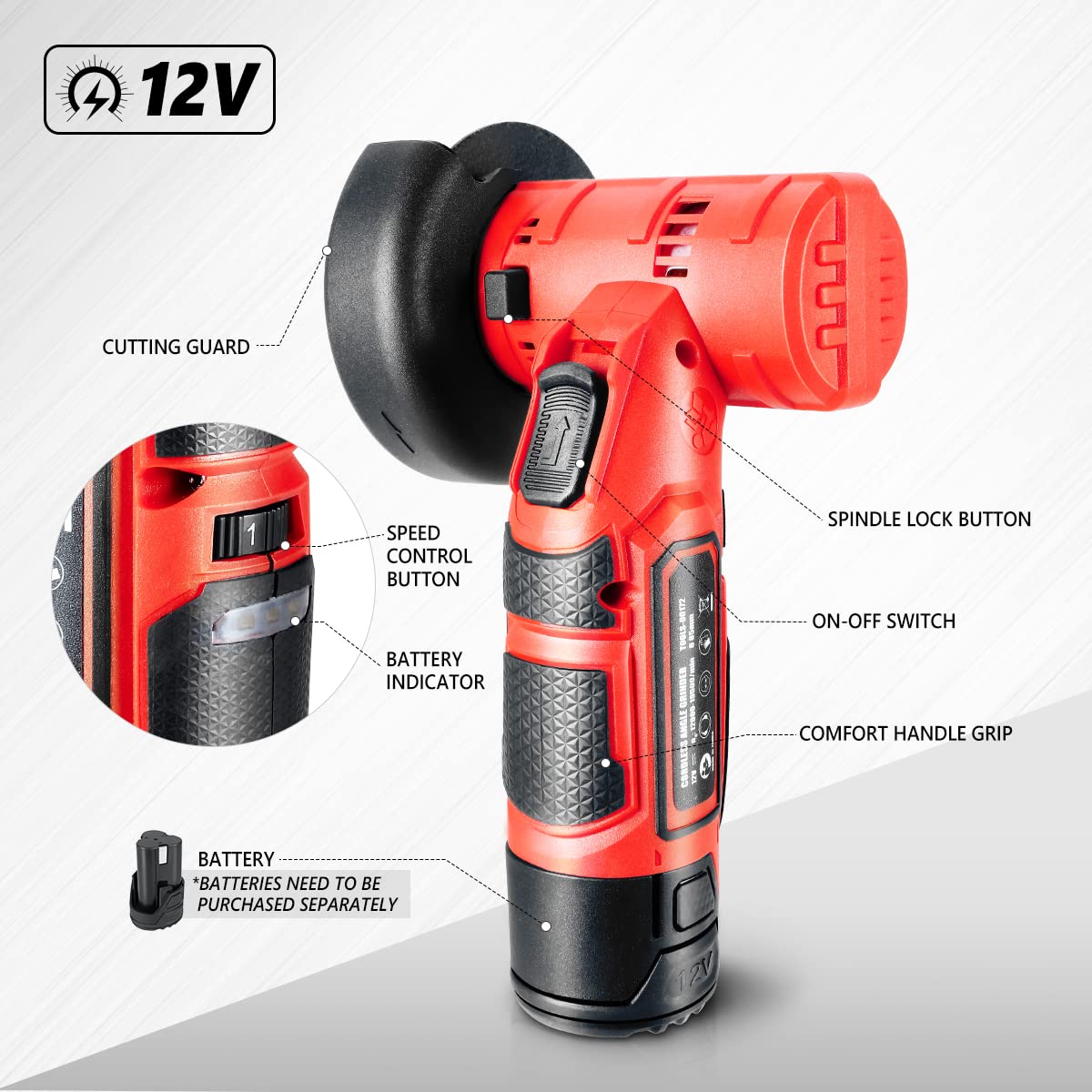 DNA MOTORING 12V Cordless Angle Grinder with Variable Speed & Spindle Lock - Dry Cutting & Rough Grinding Power Tool (Red, Battery Not Included) - Perfect for Metalworking, Wood Carving & DIY Home Projects