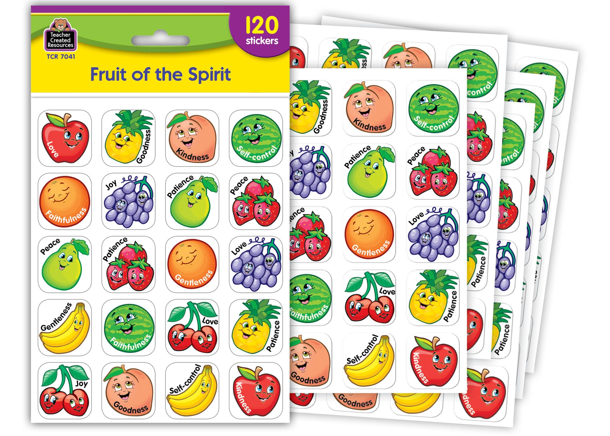 Teacher Created Resources Fruit of the Spirit Stickers - 60 Colorful Religious Reward Stickers for Sunday School, Bible Study & Christian Education (7041)