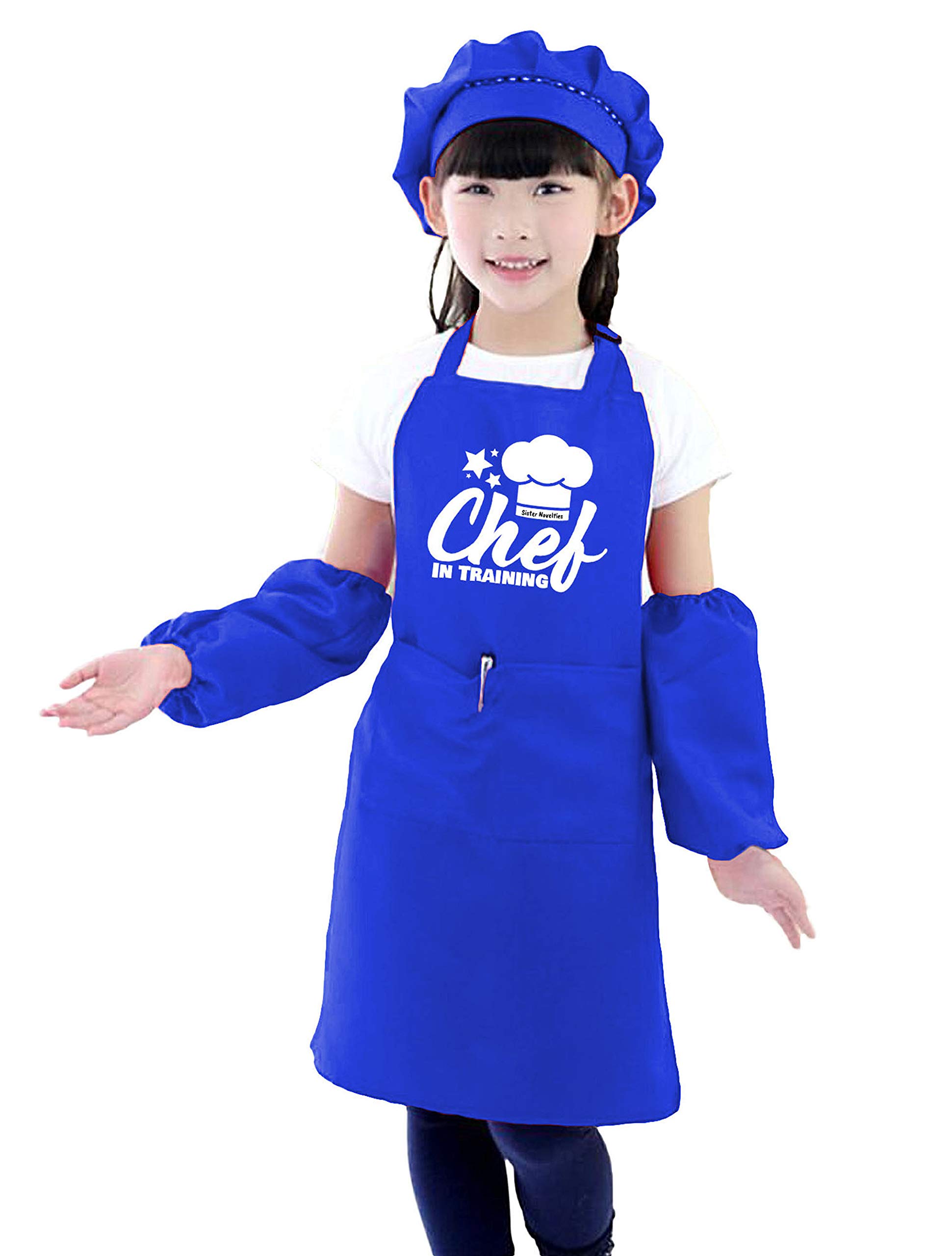 Personalized Kids Cooking Apron Set - 4 Piece Chef Apron with Hat & Protective Sleeves for Baking, Arts & Crafts | Royal Blue Kids Chef Costume for Pretend Play, Cooking Classes & Birthday Parties