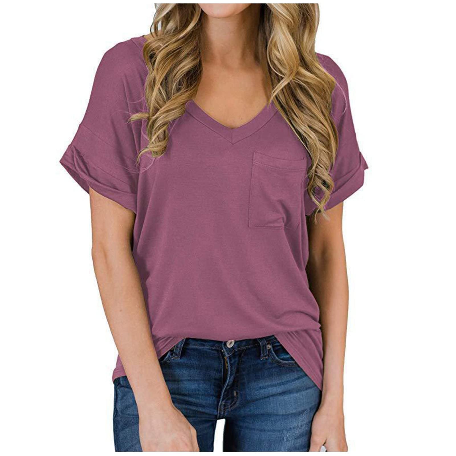 Funny Graphic T-Shirts for Women - Solid Color Short Sleeve V-Neck Casual Tee with Pockets | Comfortable Cotton Activewear Tops for Everyday Wear, Workout & Lounge