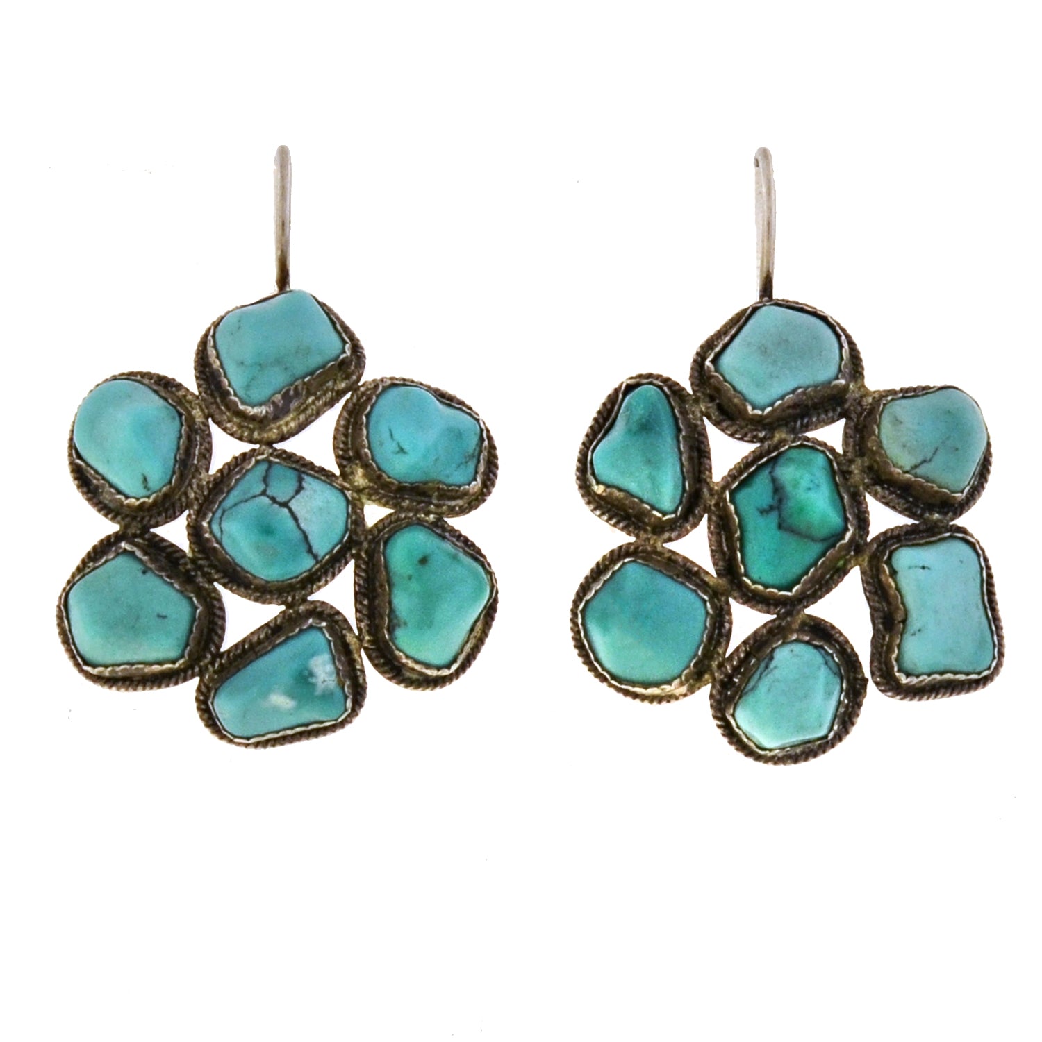 Vintage Art Deco Chinese Sterling Silver & Turquoise Cluster Earrings – Handmade Jewelry for Women, Boho Chic Accessories for Parties & Weddings