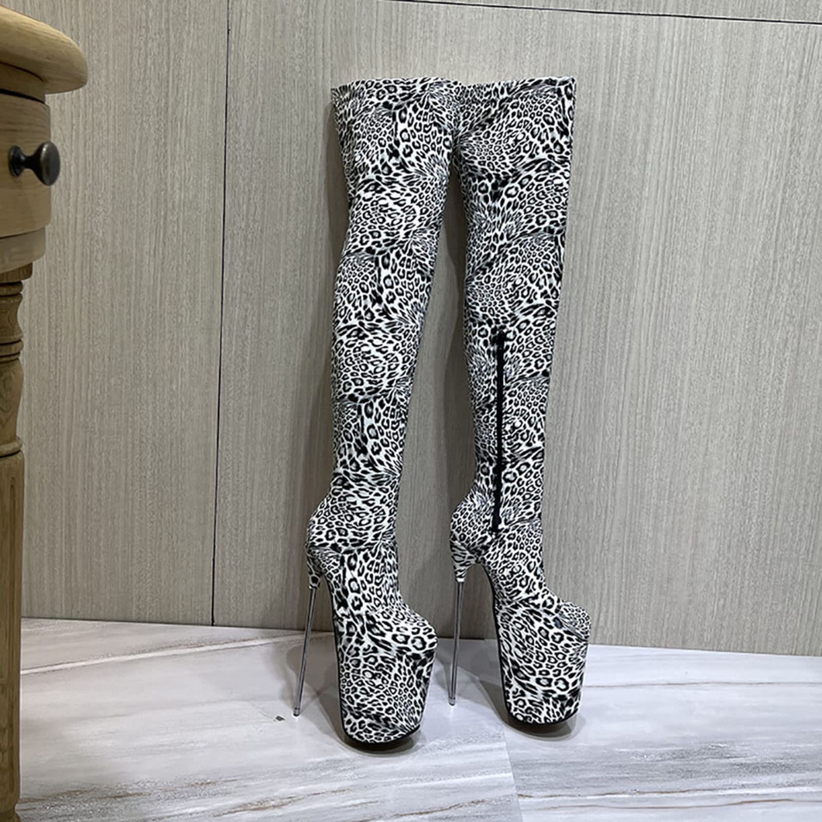 Vujkliy Women's Over The Knee Leopard Print High Heel Boots - 19cm Steel Heel, Sexy Zipper Tall Boots, Round Toe Pole Dance Shoes for Striptease Performance & Nightclub Wear - Plus Size Available