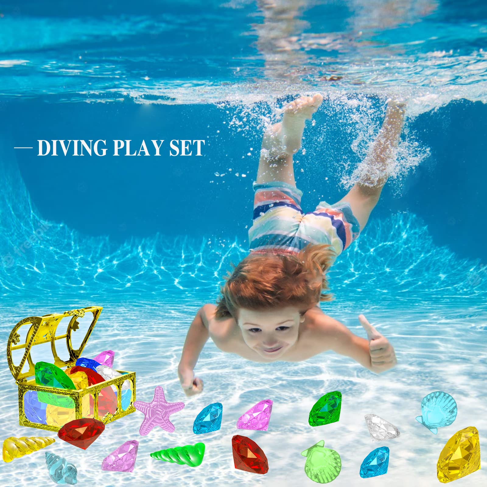 MGparty 24pcs Colorful Diving Gem Pool Toys Set with Pirate Treasure Box - Underwater Swimming Toys for Kids, Boys & Girls - Perfect for Pool Games, Summer Water Play & Treasure Hunt Activities