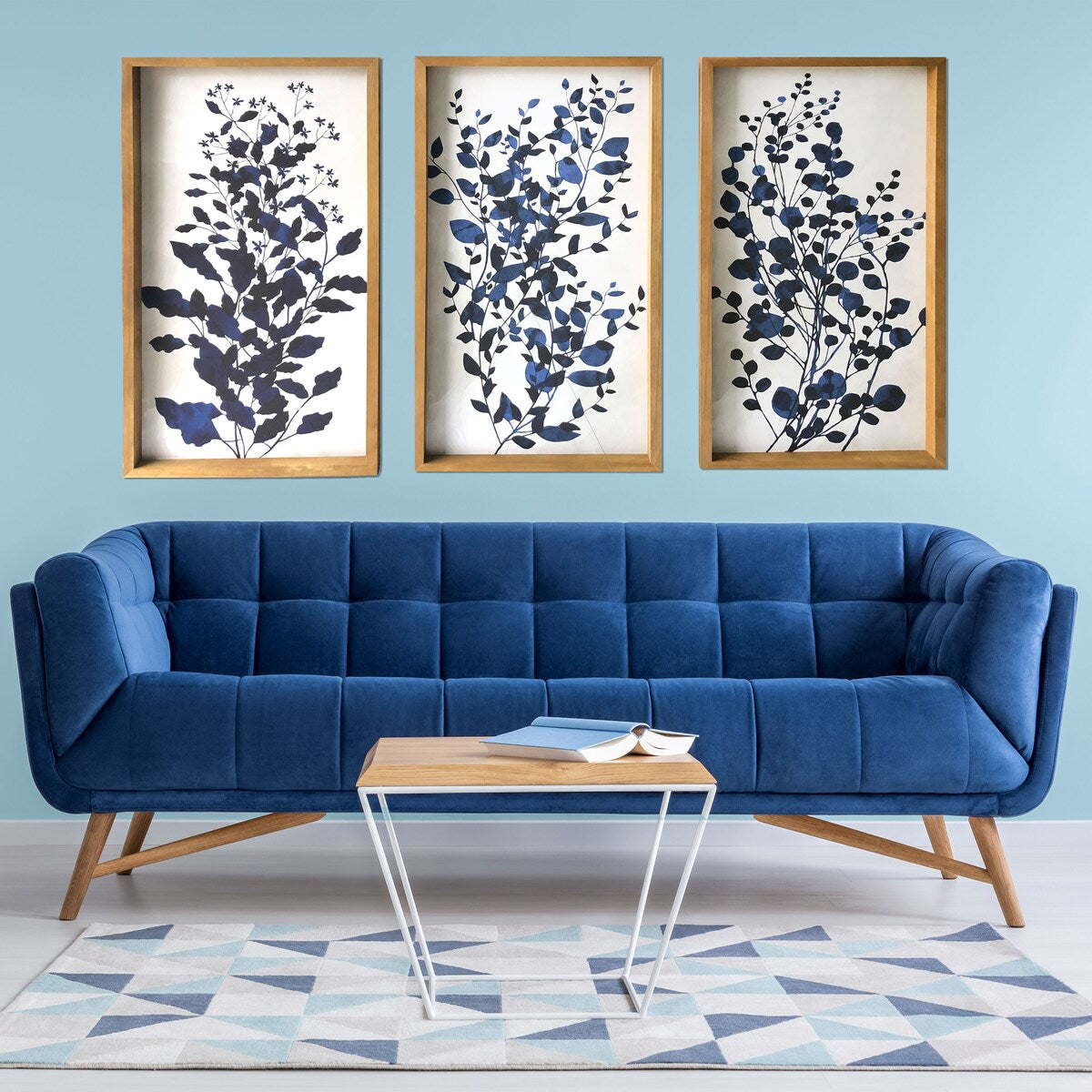Blue Branches 3-Piece Large Print Wood Framed Canvas Wall Art - Modern Home Decor for Living Room, Bedroom & Office
