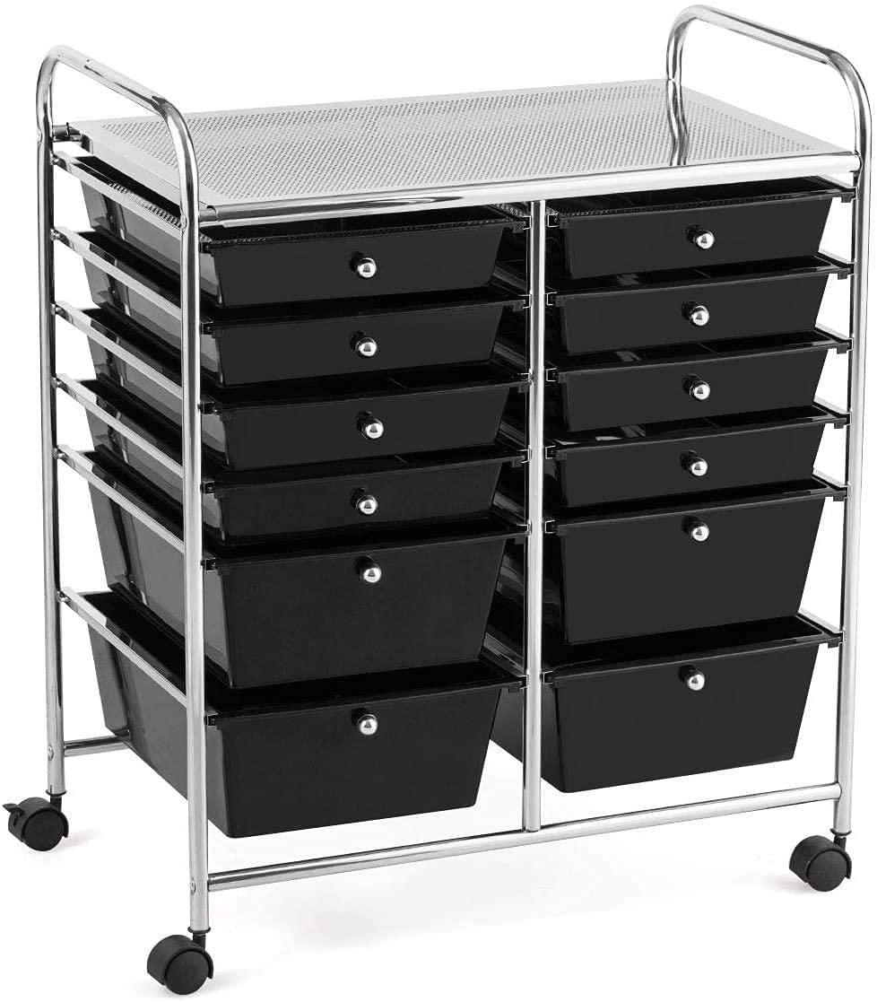 FANTASK 12-Drawer Rolling Storage Cart with Wheels - Multipurpose Mobile Organizer Utility Trolley for Tools, Scrapbooking, Office Supplies & Beauty Salon Essentials - Perfect for Home, School & Professional Use (Black)