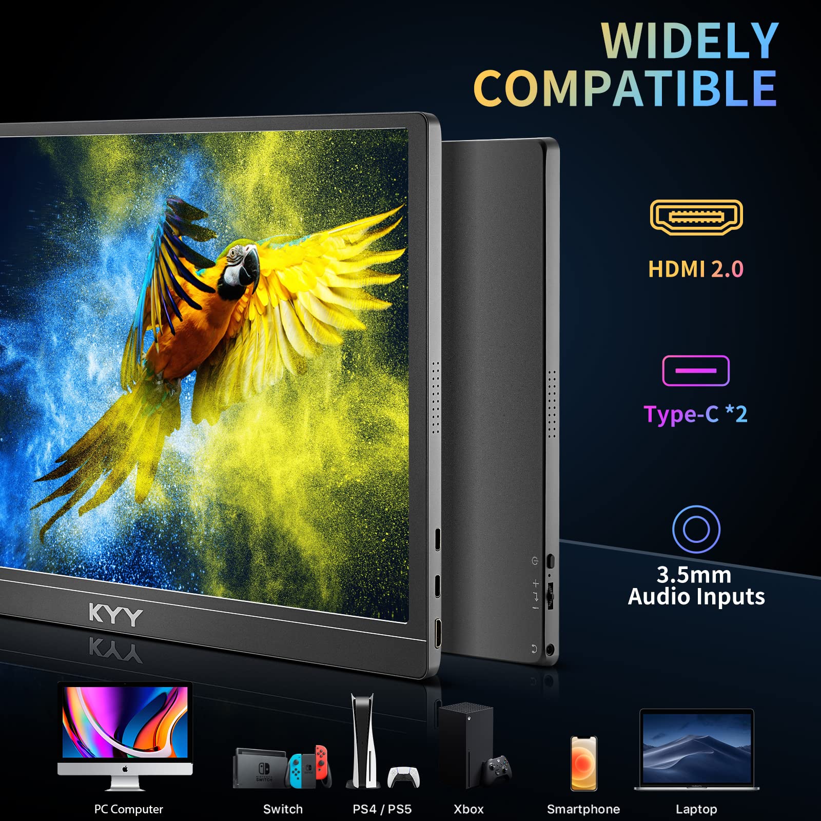 KYY 15.6 Inch 4K Portable Monitor - 3840x2160 UHD USB-C Display with 100% Adobe RGB, 400cd/m² IPS Panel, HDR Gaming Monitor for Laptop, Xbox, PS5, Switch, PC & Phone - Includes Smart Cover & Built-in Speakers - Perfect for Travel, Work & Entertainment