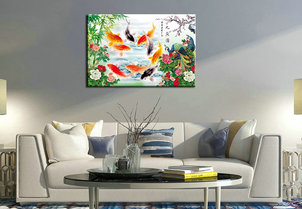 HYLOVE FISH Art - Chinese Style Feng Shui Koi Fish & Peacock Bamboo Painting, Stretched Canvas Wall Art Home Decor (24x16 Inch) - Perfect for Living Room, Bedroom, Office & Zen Meditation Space