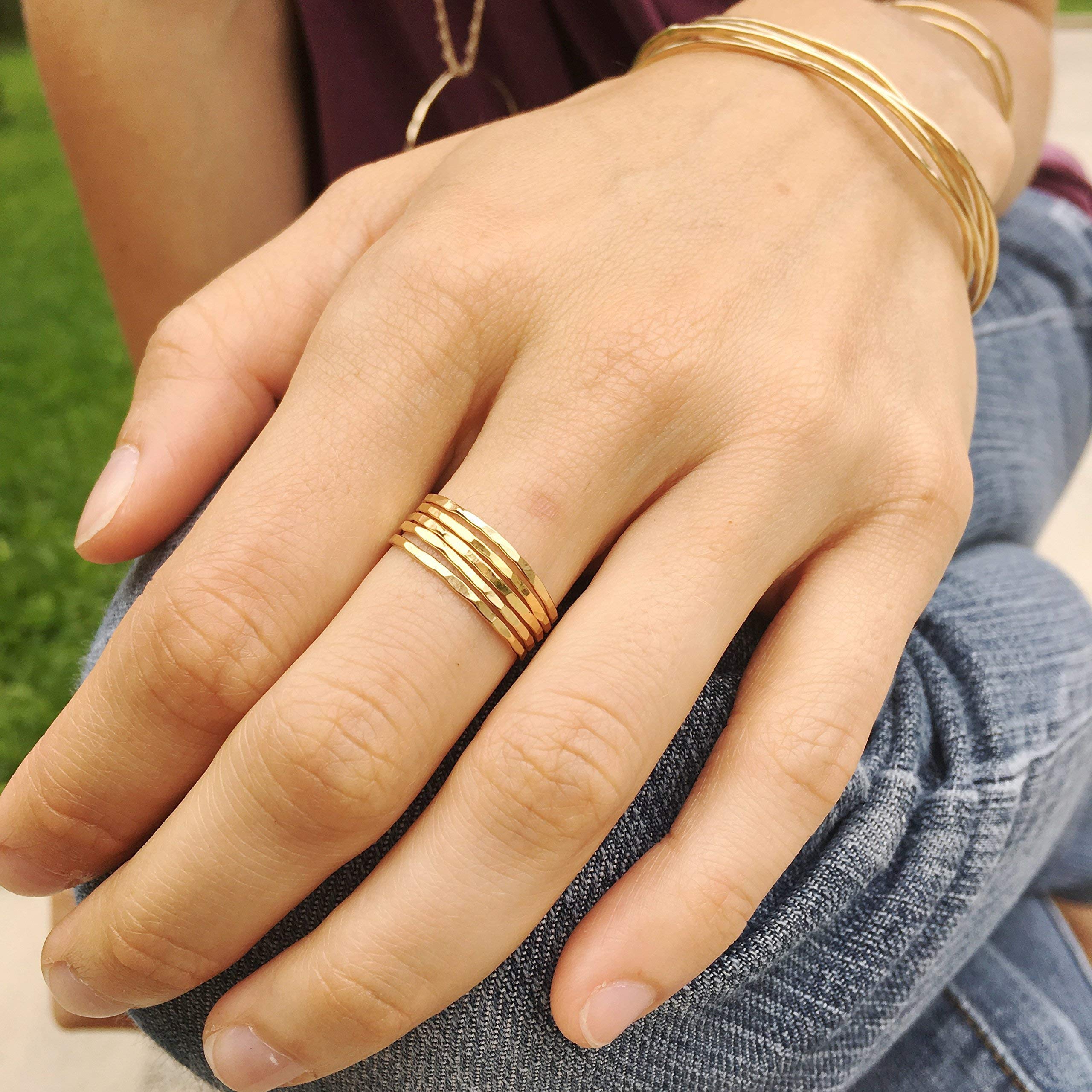 Hammered Gold Stacking Rings for Women - Minimalist Thin Band Ring Set (Size 7, 5-Piece) - Perfect for Layering, Everyday Wear & Gift Giving