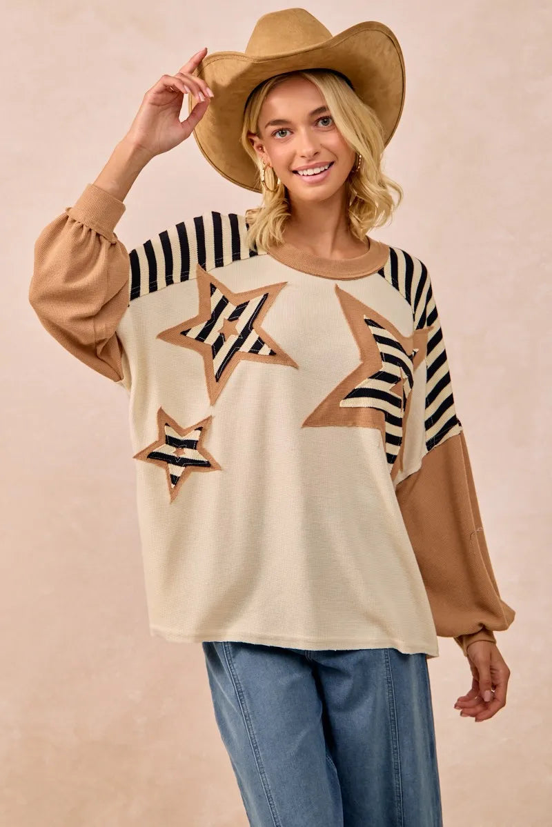 BiBi Star Patchwork Mixed Long Sleeve Top for Women - Stylish Boho Chic Blouse for Casual Wear, Date Night & Office Outfits