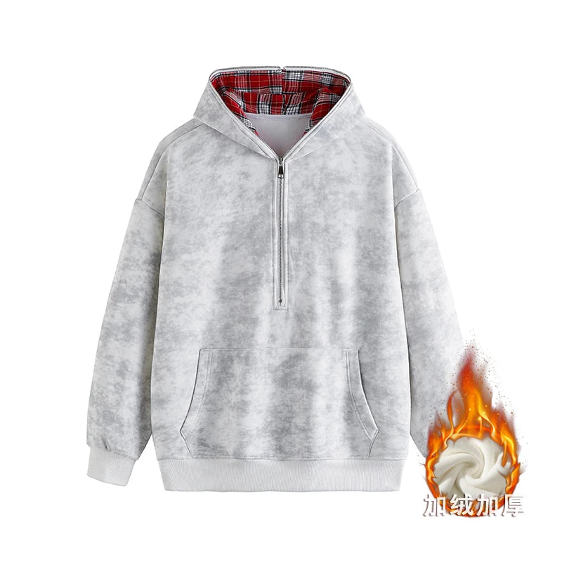Men's Faux Two-Piece Hoodie - Distressed Plaid Round Neck Thick Casual Pullover Sweatshirt for Winter | Streetwear, Loungewear & Outdoor Activities
