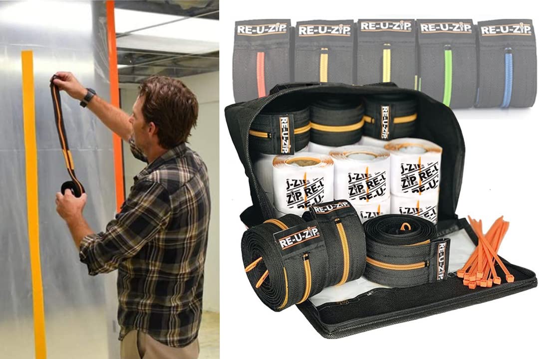 RE-U-ZIP® Reusable Dust Barrier Entry System Pro Bundle - 1 Magnetic Self-Closing Strip + 6 Orange Zippers + 16 Mounting Refills + 2 Carry Cases + 12 Zip Ties | Dust Control for Construction, Renovation & Home Improvement Projects