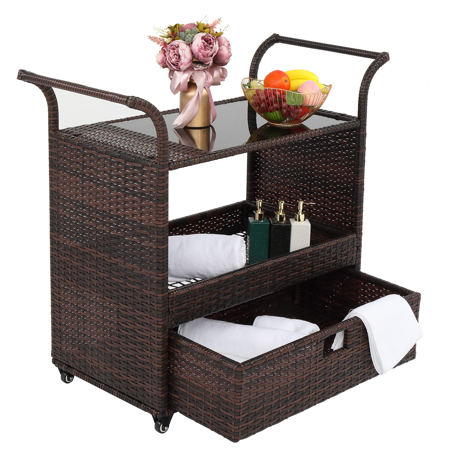 Outvita Outdoor Rolling Wicker Bar Cart with Storage Basket & Lockable Wheels - Rattan Beverage Cart with Glass Top for Patio, Poolside, Garden Parties & Home Entertaining