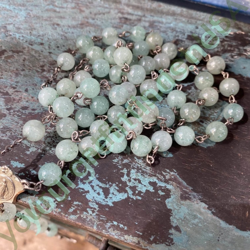 Vintage Sterling Silver Green Jade Bead Rosary Necklace - Elegant Catholic Prayer Beads for Chapel, Meditation & Spiritual Gifts