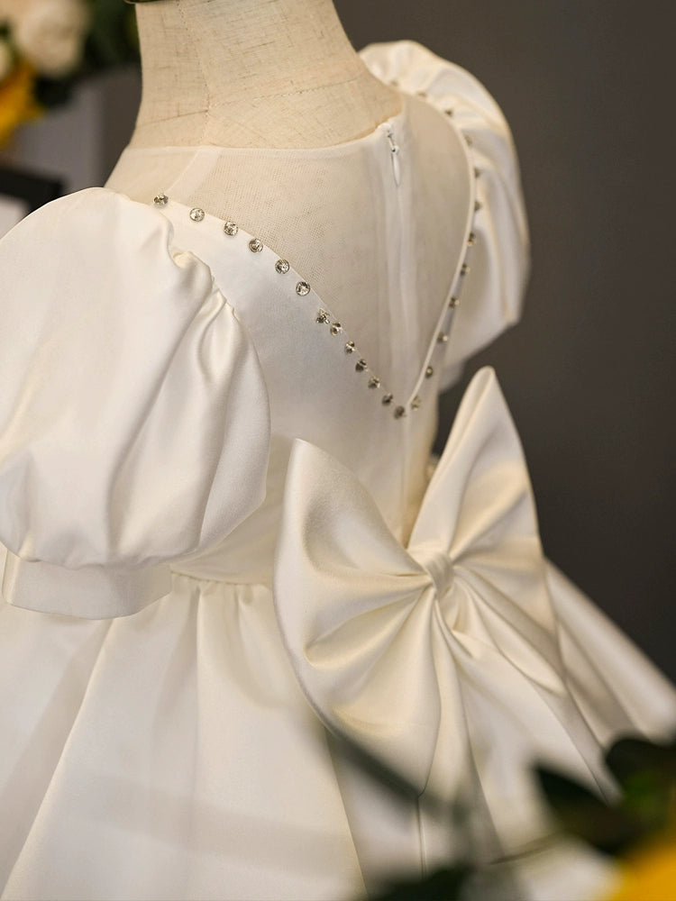 White Princess Sweetheart Tea Length Satin Flower Girl Dress for Weddings, Birthday Parties & Special Occasions